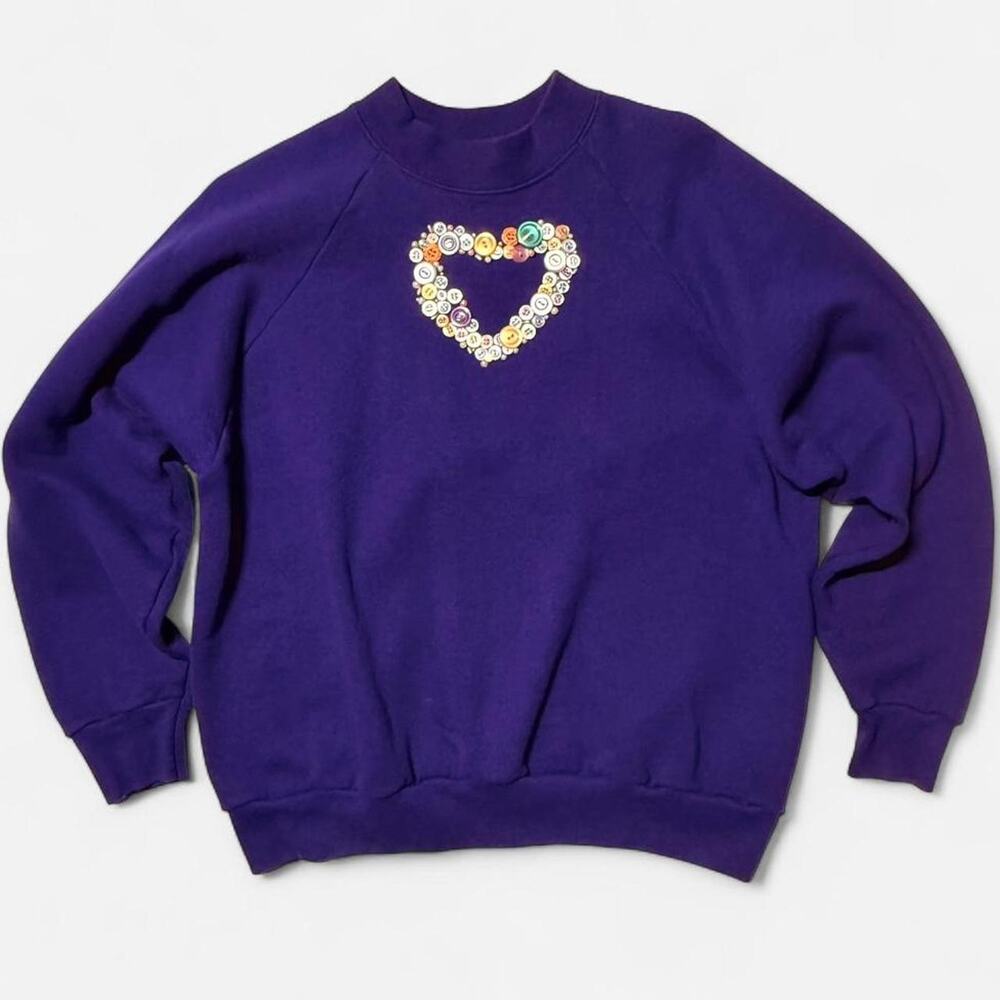 Vintage Fruit of the Loom Purple Button Heart Crewneck Sweatshirt